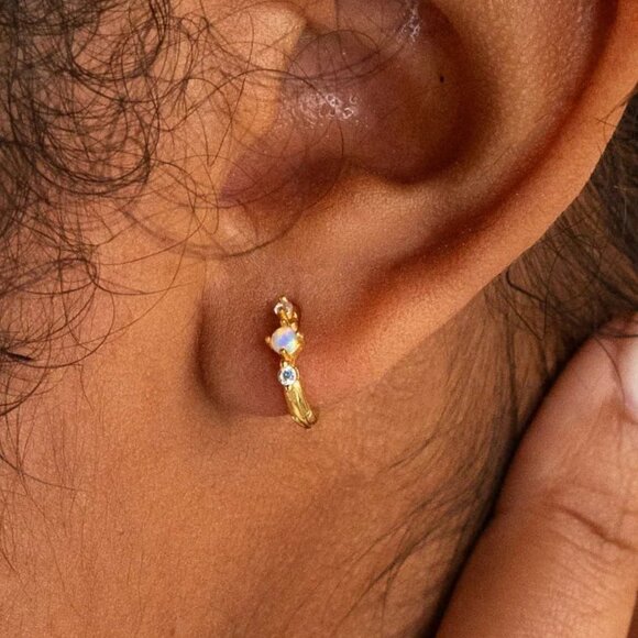 Caitlyn Minimalist Dainty Opal Diamond Huggies, 18K Gold - Picture 1 of 5